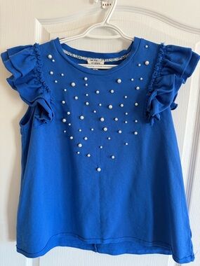 Umgee Cobalt Blue Ruffle Sleeve Pearl-Studded Top